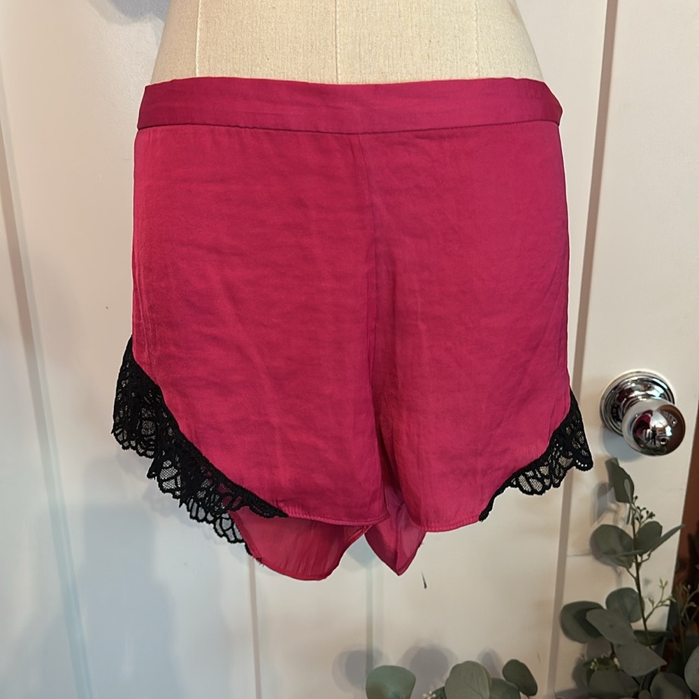 Josie NATORI 2-piece cami shorts hot pink & black lace L polyester pajamas - Picture 6 of 13